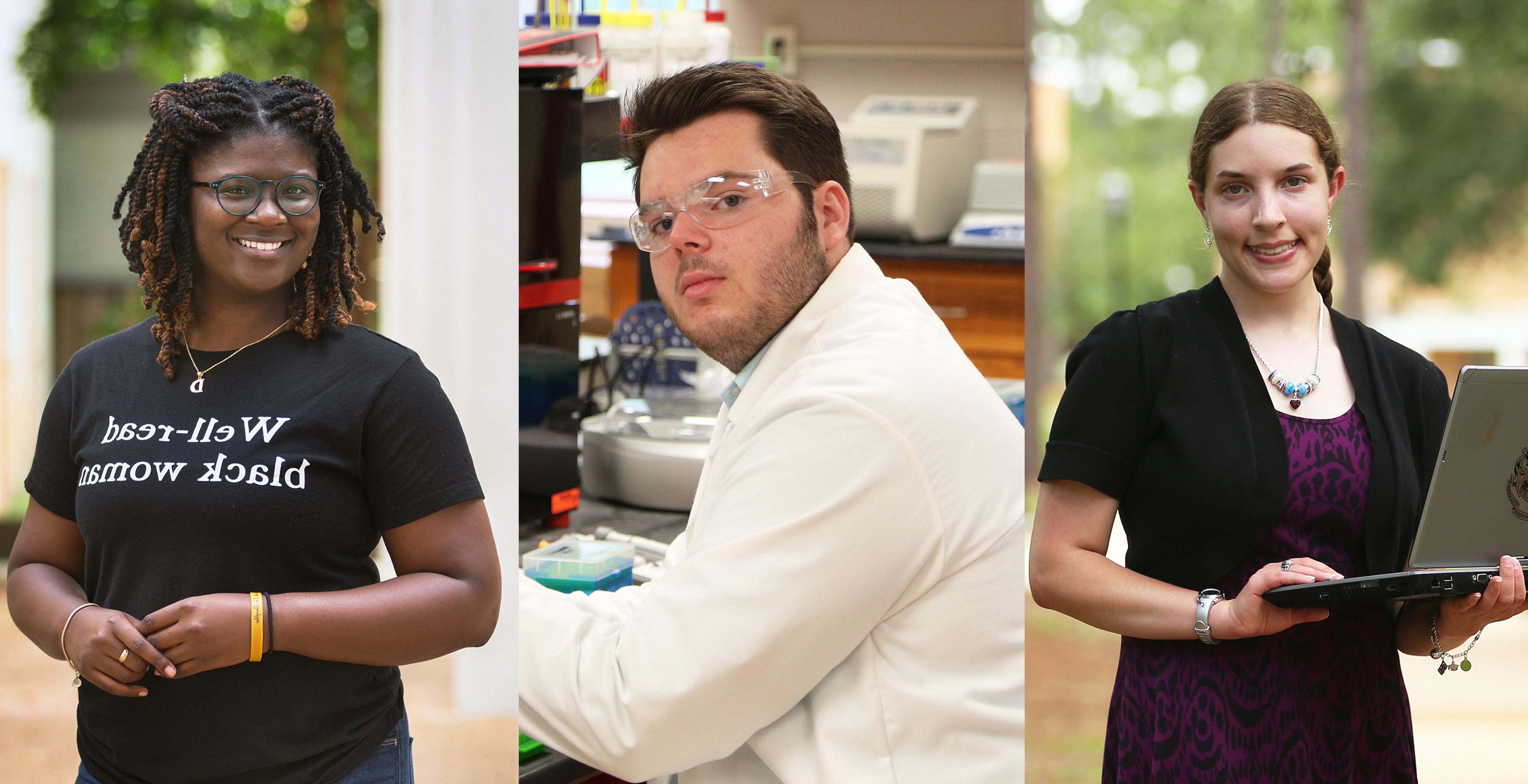 University of South Alabama students, from left, Liz Seiler, Ian Singley and De’Asia Aaron each earned a Summer Undergraduate Research Fellowship. 